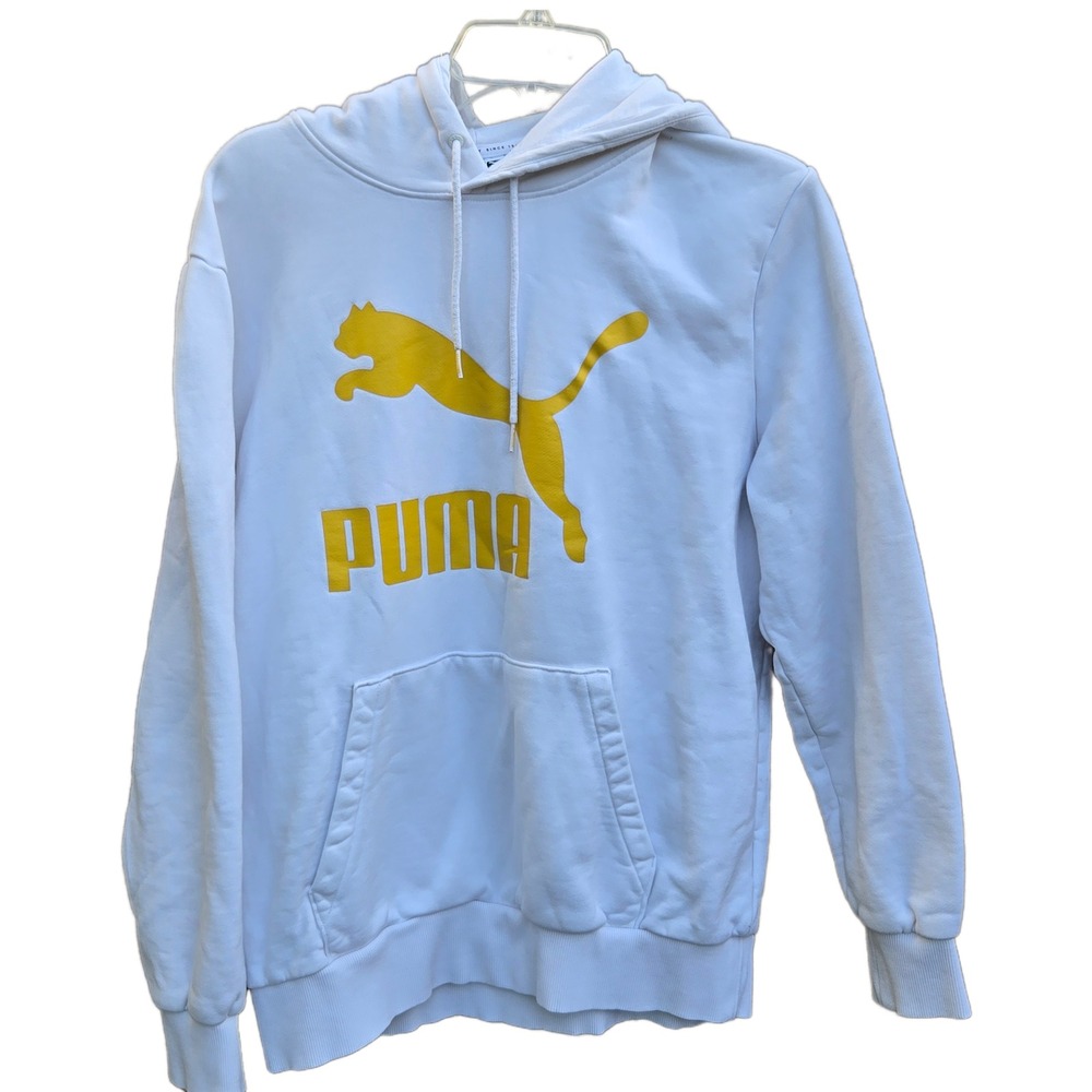 Puma Classics Logo Hoodie Mens Medium White Yellow Graphic Pullover Sweatshirt